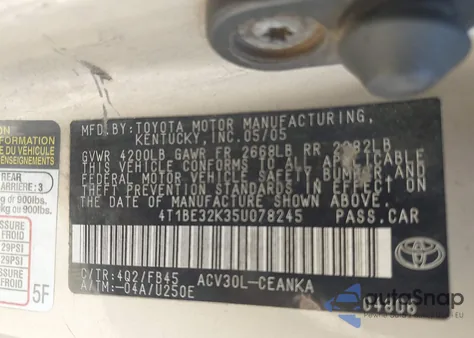 2005 Toyota Camry Le из США, поврежденный, VIN 4T1BE32K35U078245